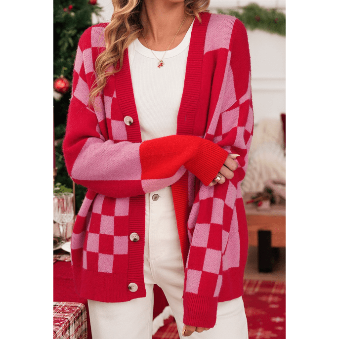 Jalessa Fiery Red Mixed Plaid Relaxed Sweater Cardigan