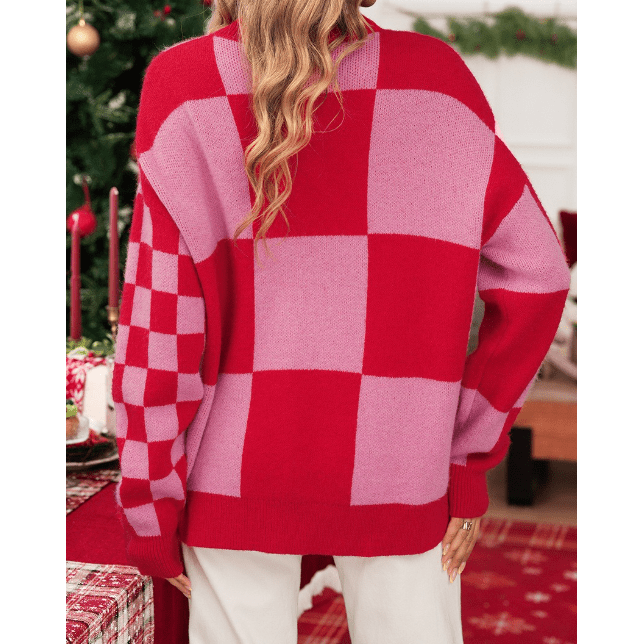Jalessa Fiery Red Mixed Plaid Relaxed Sweater Cardigan