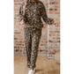 Sadee Brown Leopard Print Raw Seam Patchwork Pullover Drawstring Loose Pant Set