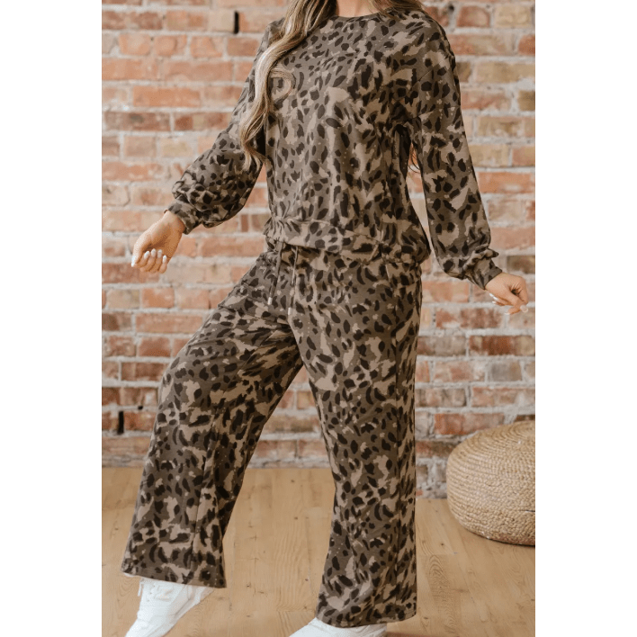 Sadee Brown Leopard Print Raw Seam Patchwork Pullover Drawstring Loose Pant Set