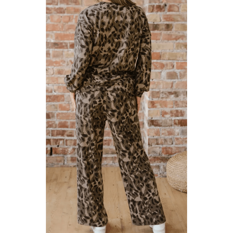 Sadee Brown Leopard Print Raw Seam Patchwork Pullover Drawstring Loose Pant Set