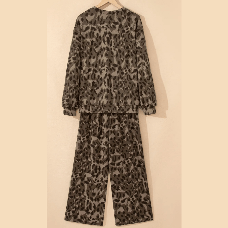 Sadee Brown Leopard Print Raw Seam Patchwork Pullover Drawstring Loose Pant Set