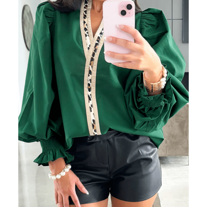 Maurissa Green Puffy Flounce Sleeve Leopard Trim V Neck Blouse