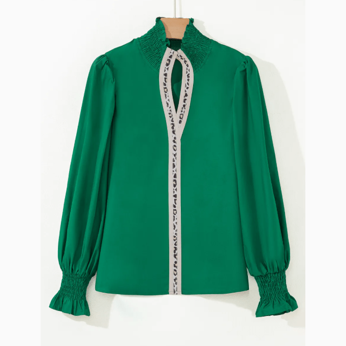 Maurissa Green Puffy Flounce Sleeve Leopard Trim V Neck Blouse