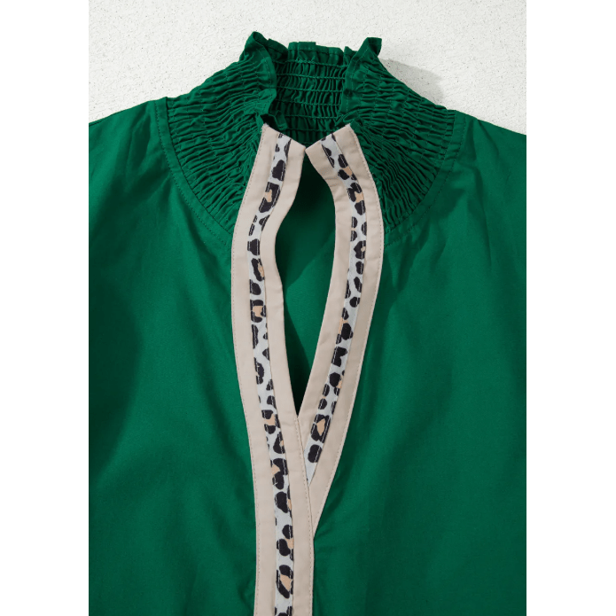 Maurissa Green Puffy Flounce Sleeve Leopard Trim V Neck Blouse