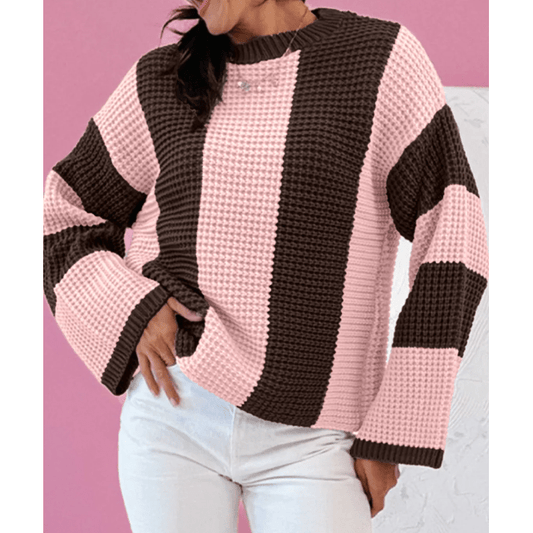 Rosella Pink Striped Color Block Thermal Textured Knit Drop Shoulder Sweater