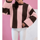 Rosella Pink Striped Color Block Thermal Textured Knit Drop Shoulder Sweater