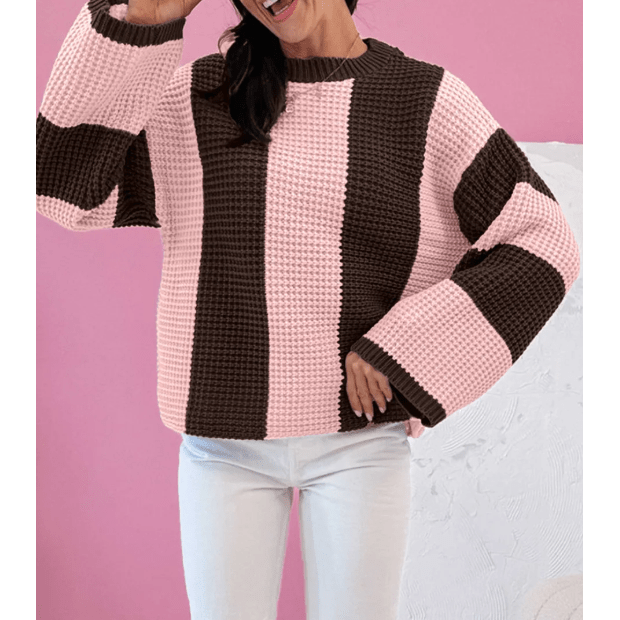 Rosella Pink Striped Color Block Thermal Textured Knit Drop Shoulder Sweater