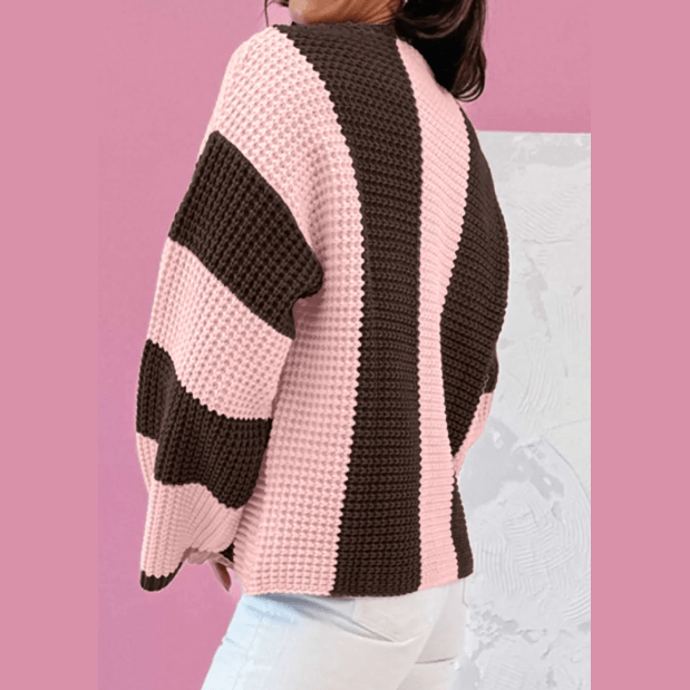 Rosella Pink Striped Color Block Thermal Textured Knit Drop Shoulder Sweater