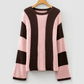 Rosella Pink Striped Color Block Thermal Textured Knit Drop Shoulder Sweater