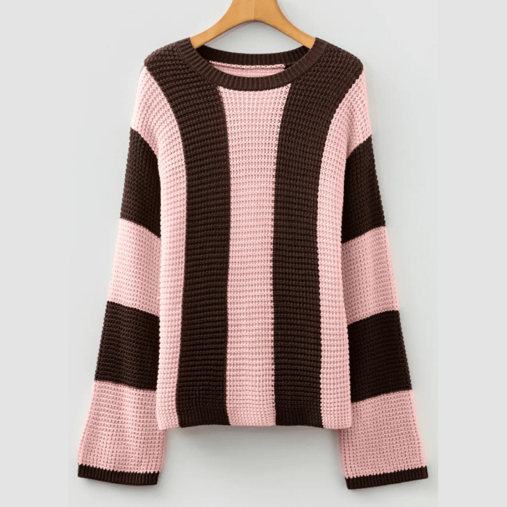 Rosella Pink Striped Color Block Thermal Textured Knit Drop Shoulder Sweater