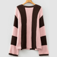 Rosella Pink Striped Color Block Thermal Textured Knit Drop Shoulder Sweater
