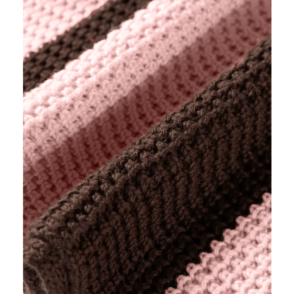 Rosella Pink Striped Color Block Thermal Textured Knit Drop Shoulder Sweater