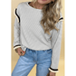 Terah White Stripe Contrasted Ruffle Trim Loose Long Sleeve Top