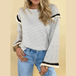 Terah White Stripe Contrasted Ruffle Trim Loose Long Sleeve Top