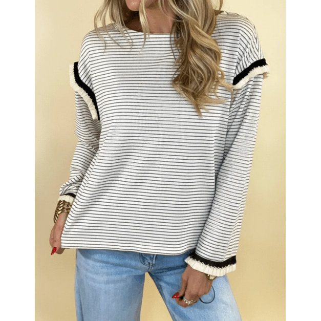 Terah White Stripe Contrasted Ruffle Trim Loose Long Sleeve Top