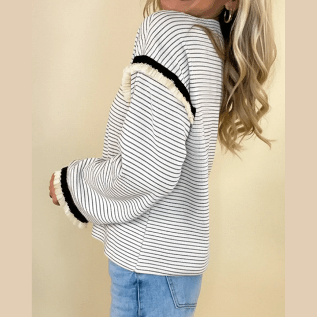 Terah White Stripe Contrasted Ruffle Trim Loose Long Sleeve Top