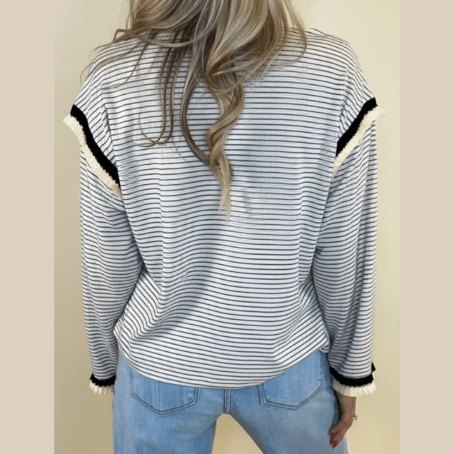 Terah White Stripe Contrasted Ruffle Trim Loose Long Sleeve Top