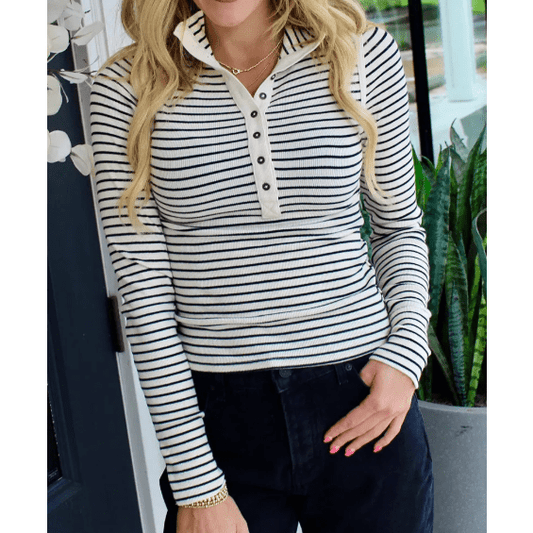 Wendie Black Stripe Ribbed Knit Half Button Long Sleeve Slim Top