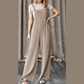 Jaz Parchment Ribbed Knit Patched Pocket Wide Leg Overalls