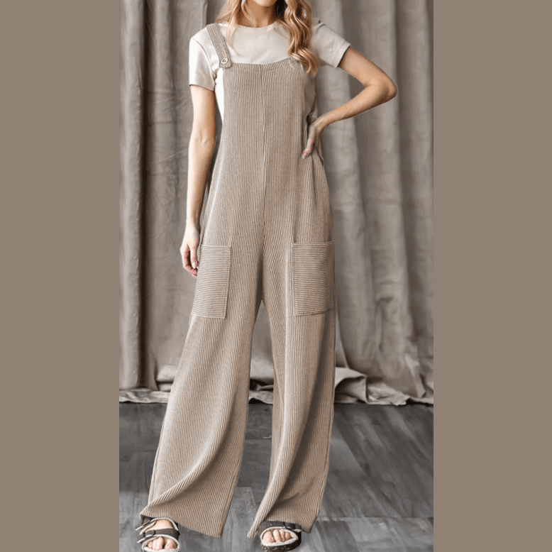 Jaz Parchment Ribbed Knit Patched Pocket Wide Leg Overalls
