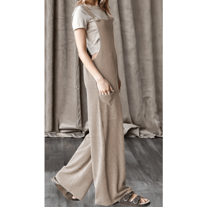 Jaz Parchment Ribbed Knit Patched Pocket Wide Leg Overalls