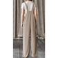 Jaz Parchment Ribbed Knit Patched Pocket Wide Leg Overalls