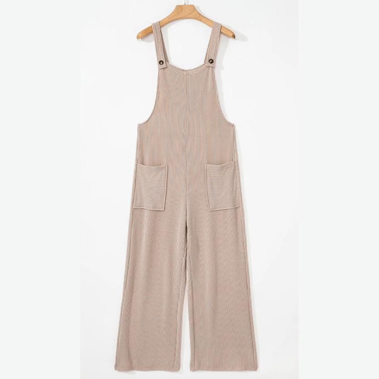 Jaz Parchment Ribbed Knit Patched Pocket Wide Leg Overalls