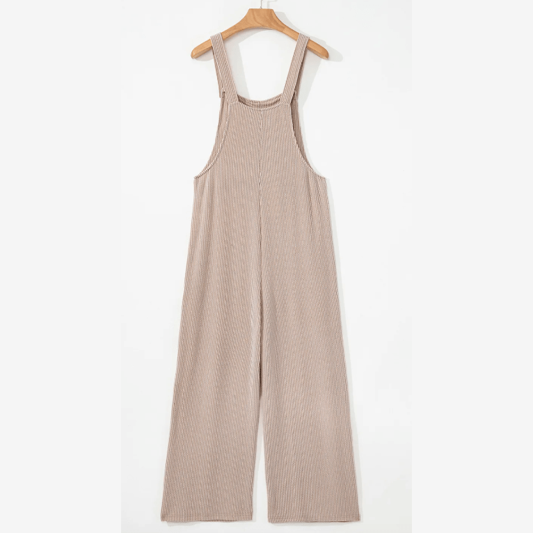 Jaz Parchment Ribbed Knit Patched Pocket Wide Leg Overalls