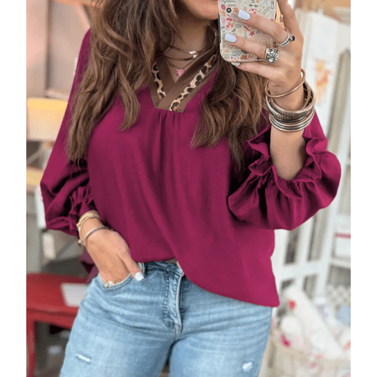 Konner Violet Leopard Trim V Neck Flounced Bracelet Sleeve Blouse