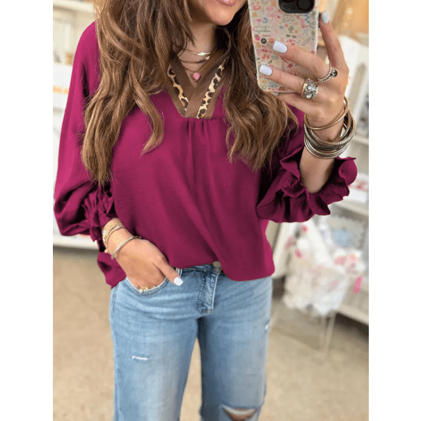 Konner Violet Leopard Trim V Neck Flounced Bracelet Sleeve Blouse
