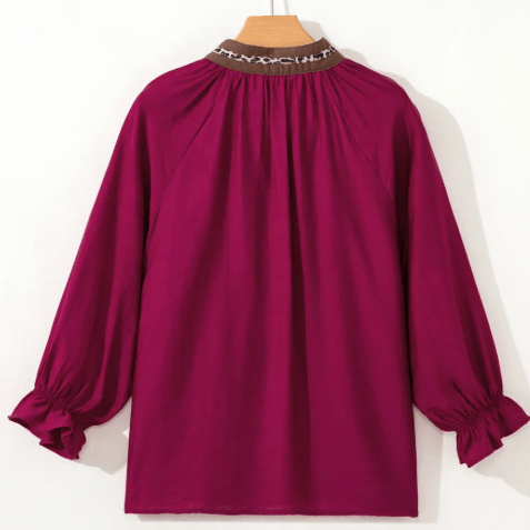 Konner Violet Leopard Trim V Neck Flounced Bracelet Sleeve Blouse