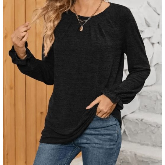 Karter Pleated Round Neck Long Sleeve Top