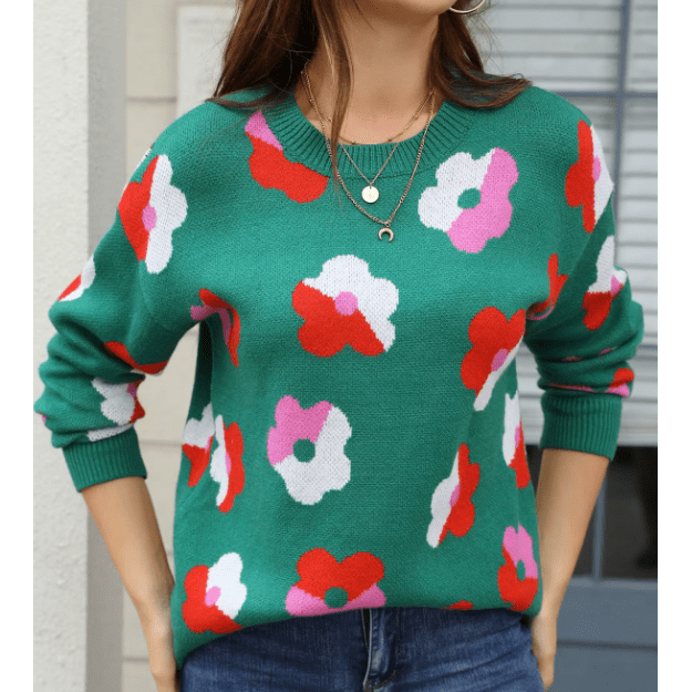 Jacqulin Green Floral Pattern Long Sleeve Sweater