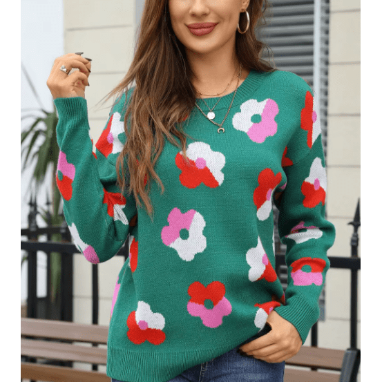Jacqulin Green Floral Pattern Long Sleeve Sweater