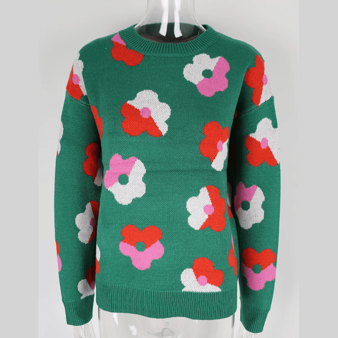 Jacqulin Green Floral Pattern Long Sleeve Sweater