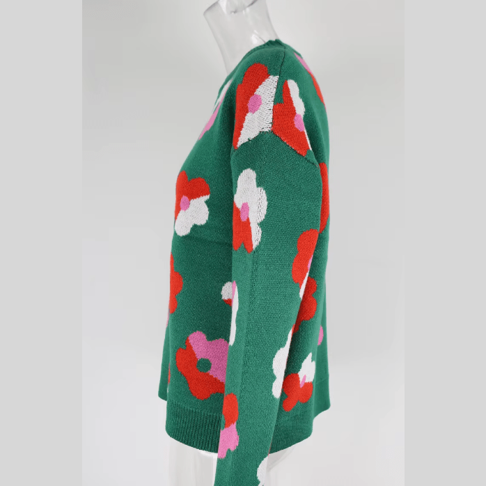 Jacqulin Green Floral Pattern Long Sleeve Sweater