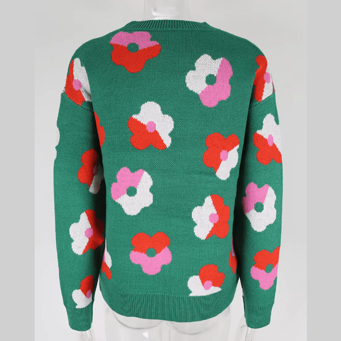 Jacqulin Green Floral Pattern Long Sleeve Sweater