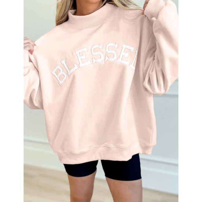 Light Pink Oversized Blessed Embroidered Mock Neck Sweatshirt