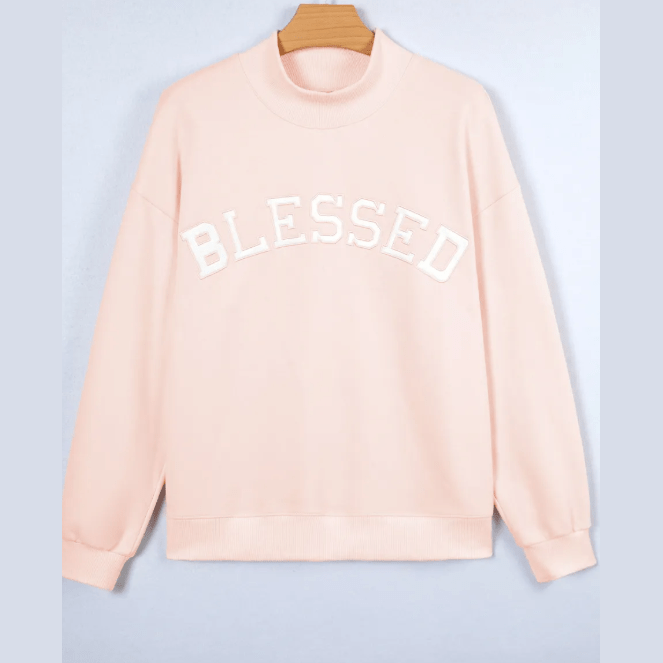 Light Pink Oversized Blessed Embroidered Mock Neck Sweatshirt