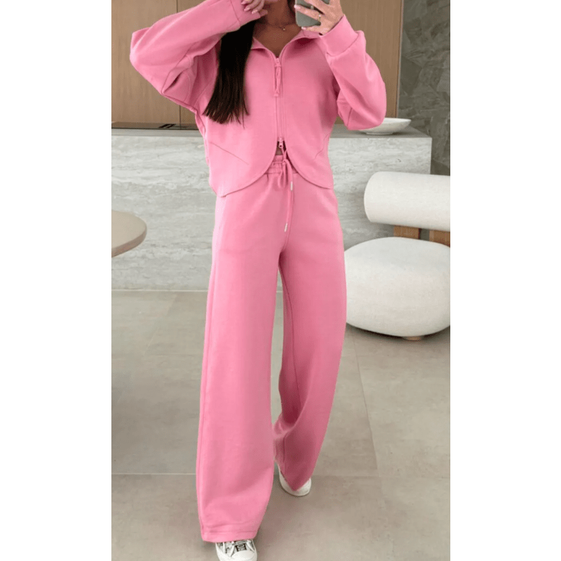 Chantelle Pink Solid Color Zip Up Hoodie Drawstring Loose Pants Set