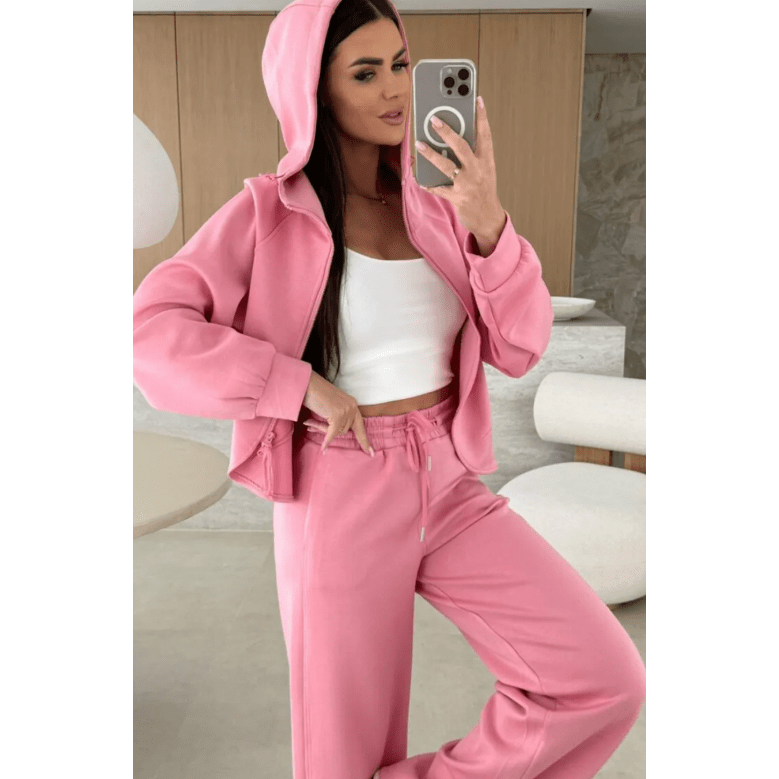 Chantelle Pink Solid Color Zip Up Hoodie Drawstring Loose Pants Set