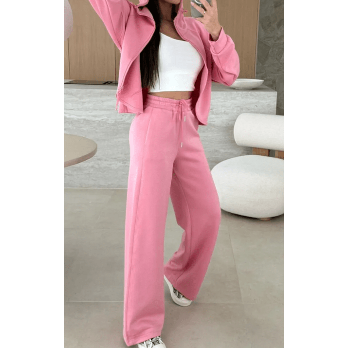 Chantelle Pink Solid Color Zip Up Hoodie Drawstring Loose Pants Set
