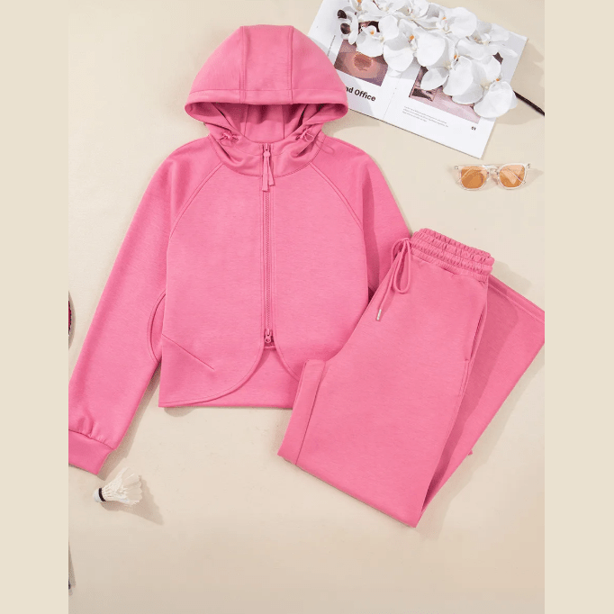 Chantelle Pink Solid Color Zip Up Hoodie Drawstring Loose Pants Set