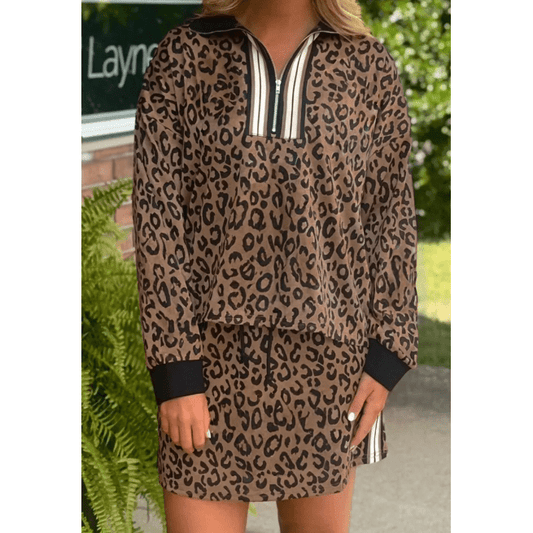 Tiff Khaki Leopard Print Quarter Zip Long Sleeve Top Mini Skirt Set