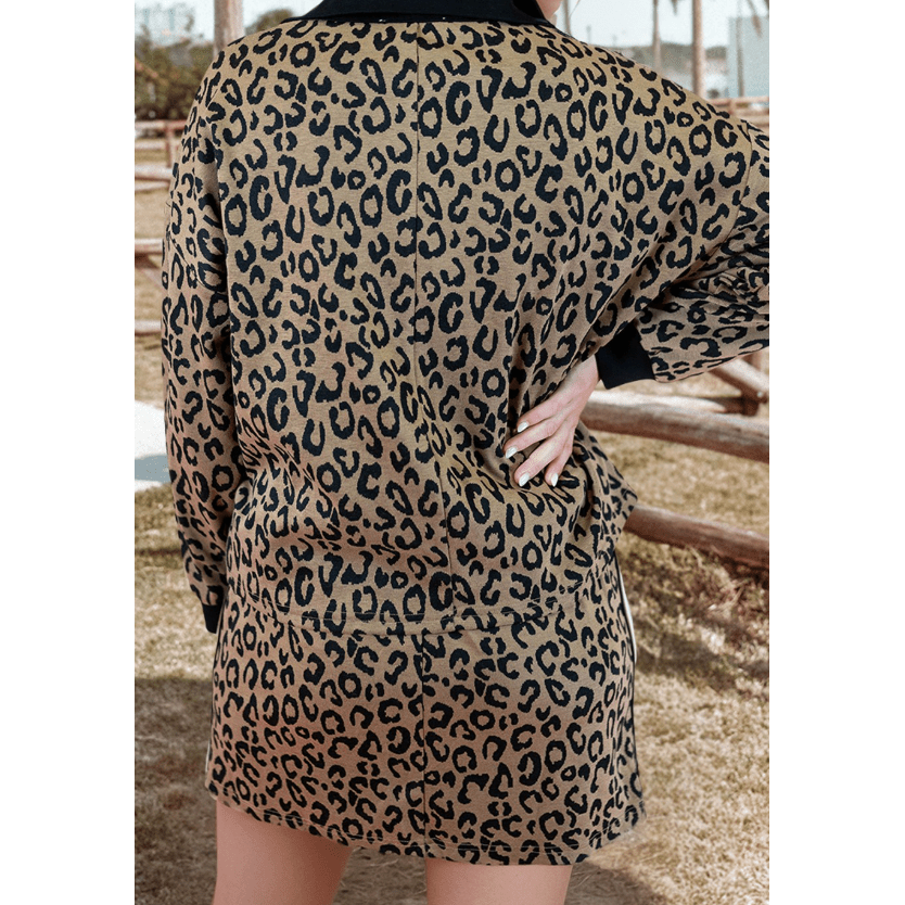 Tiff Khaki Leopard Print Quarter Zip Long Sleeve Top Mini Skirt Set