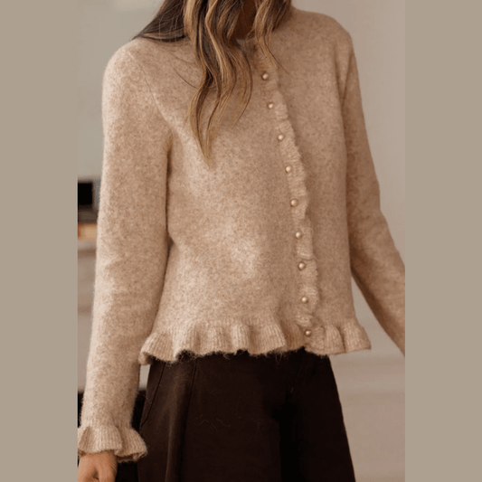 Sibelle Ruffle Trim Gold Button Sweater Cardigan