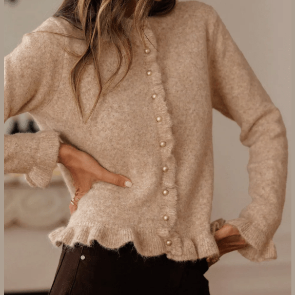Sibelle Ruffle Trim Gold Button Sweater Cardigan