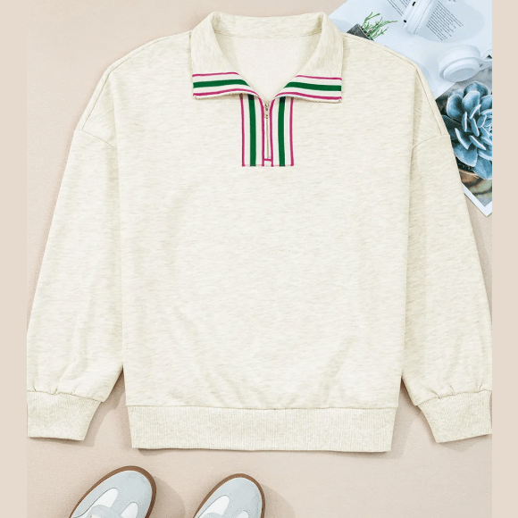 Clarey Light Grey Contrast Striped Patchwork Zip Collar Pullover Sweatshirt