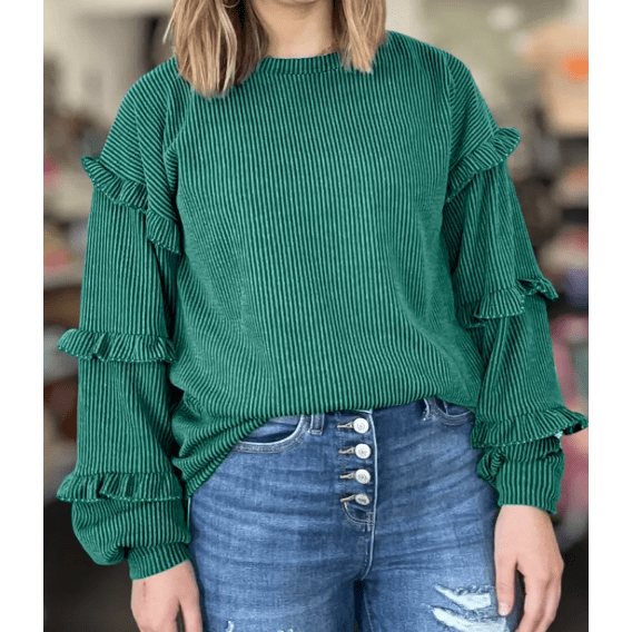 Destiny Evergreen Twisted Ribbed Tiered Ruffles Long Sleeve Pullover Top